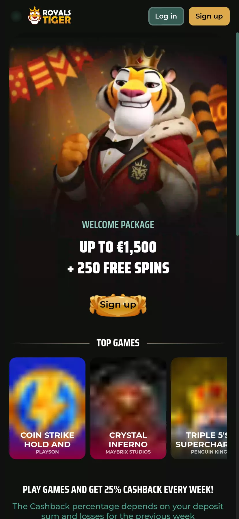 Mobile screen. RoyalsTiger 100% up to $500 + 150 FS