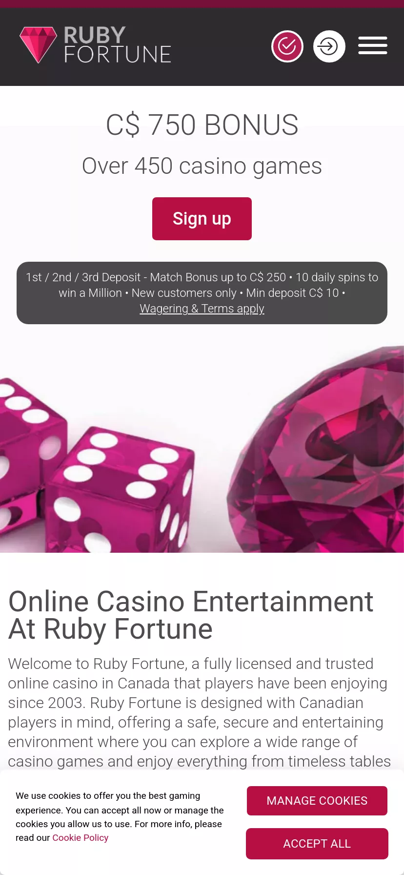 Mobile screen. Ruby Fortune Up to C$750