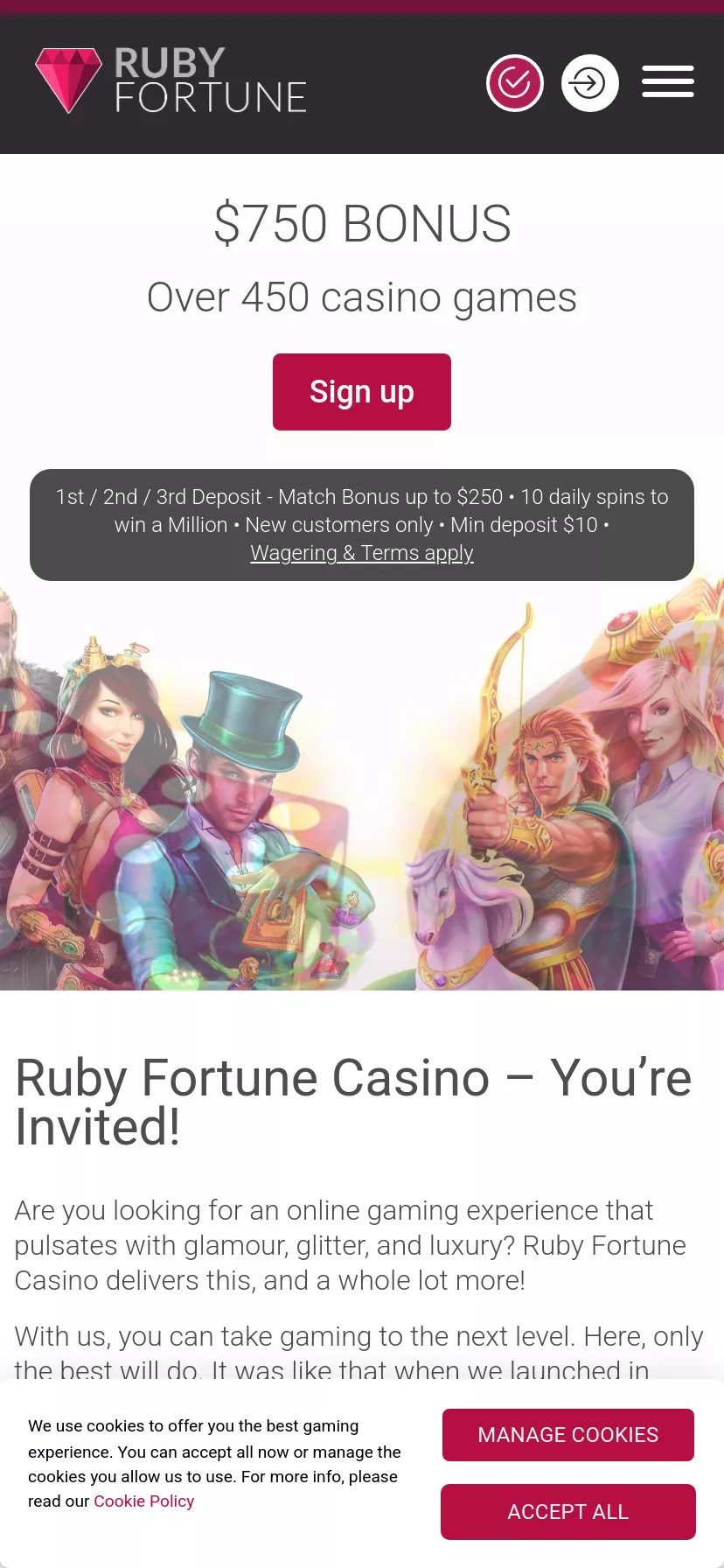 Mobile screen. Ruby Fortune Up to $750
