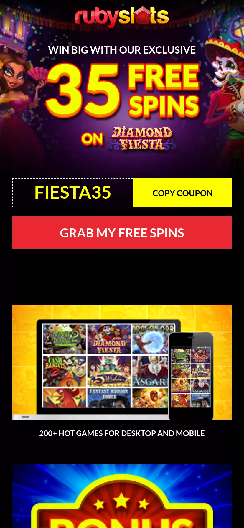 Mobile screen. Ruby Slots Casino Get 35 Free Spins
