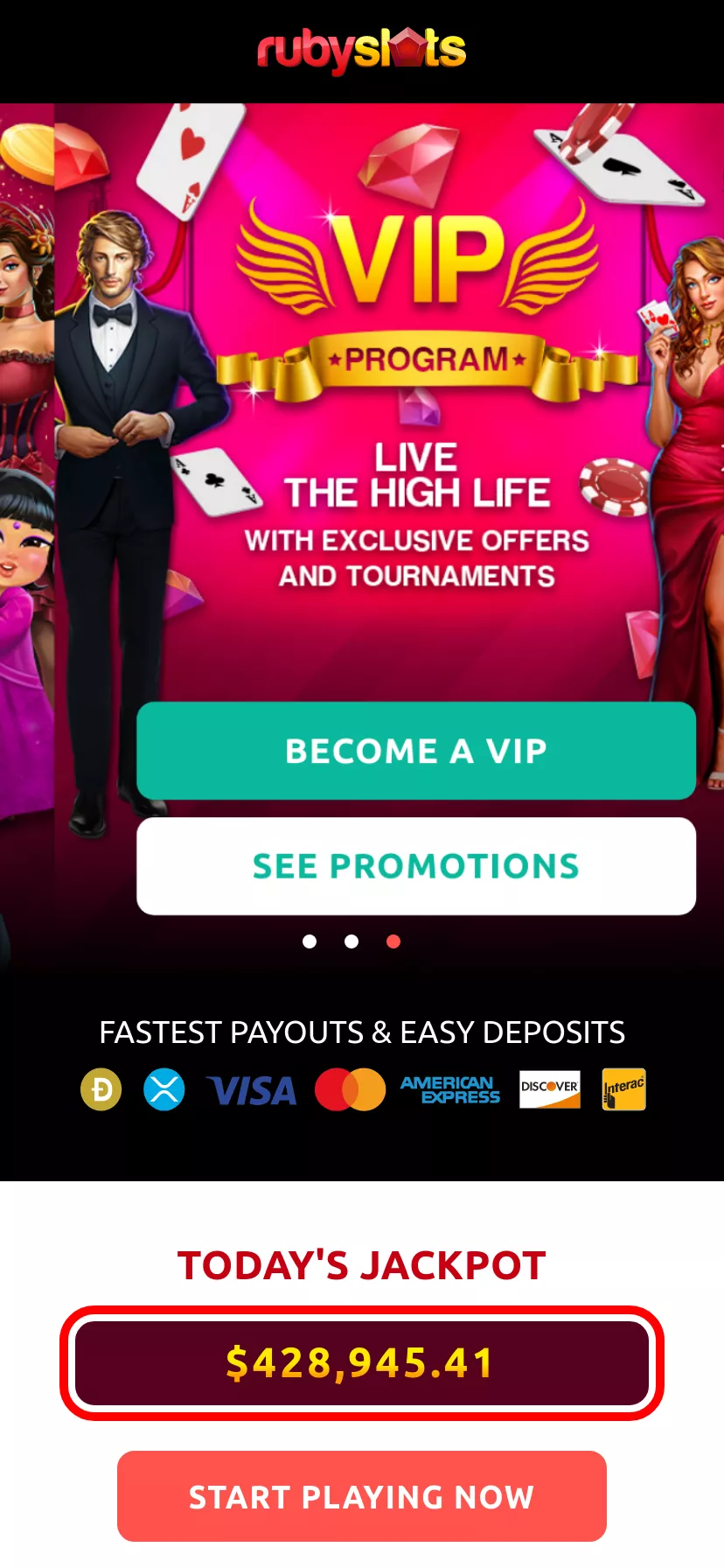 Mobile screen. Ruby Slots Casino 250% up to $2500 + 25 FS