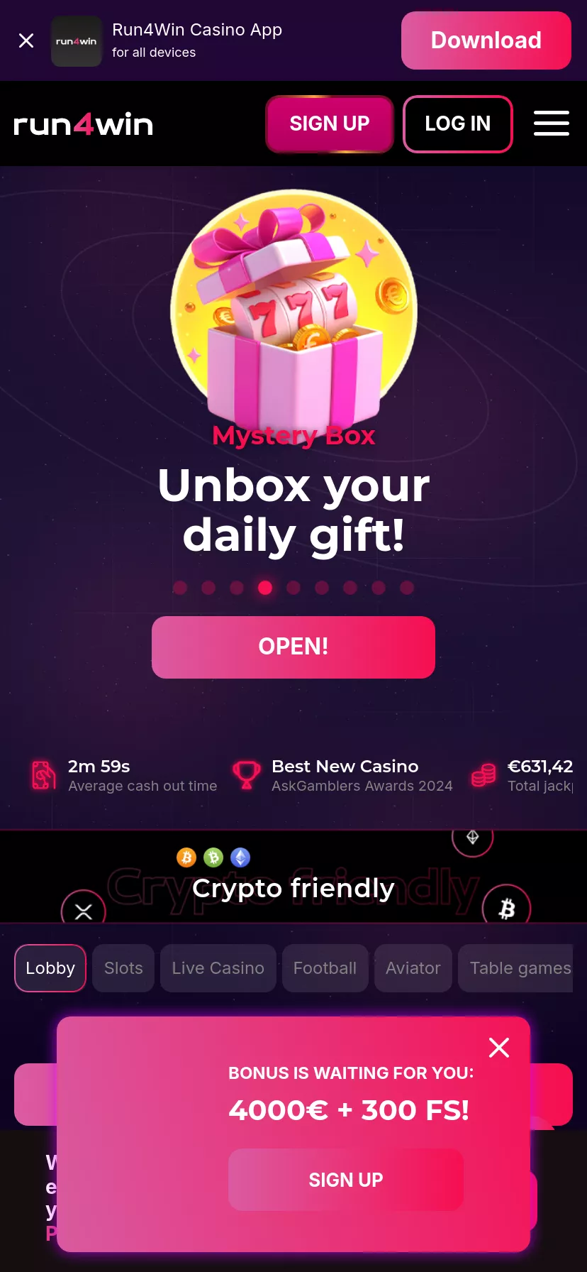 Mobile screen. Run4Win Casino 150% up to $300 + 40 FS
