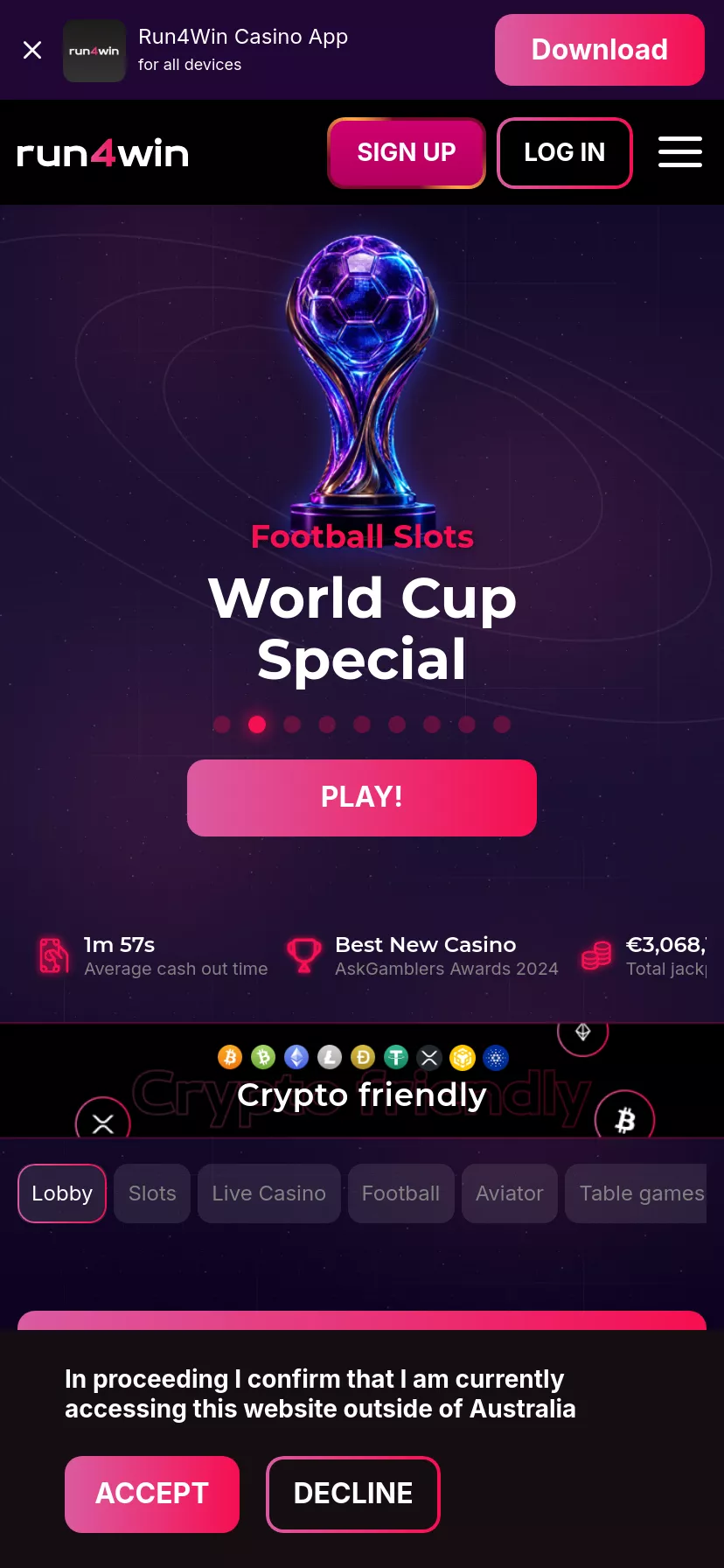 Mobile screen. Run4Win Casino Up to $1200 + 300 FS