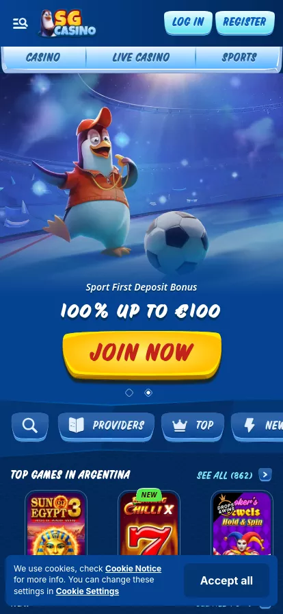 Mobile screen. SG Casino 100% up to $500 + 200 FS + 1 bonus crab