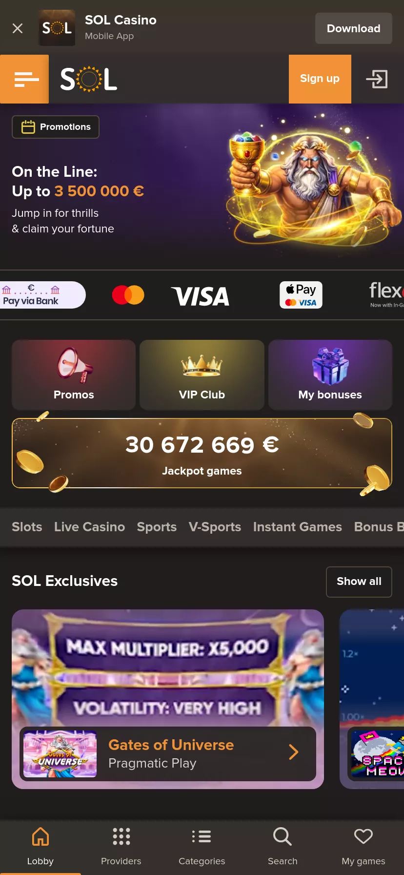 Mobile screen. SOL Casino Up to €1500 + 500 FS