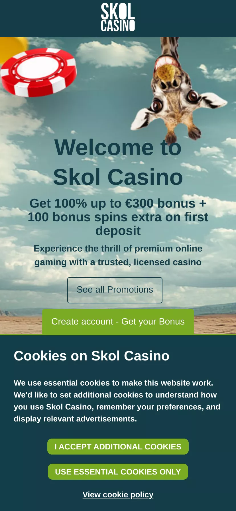Mobile screen. Skol Casino Up to $1300 + 250 FS