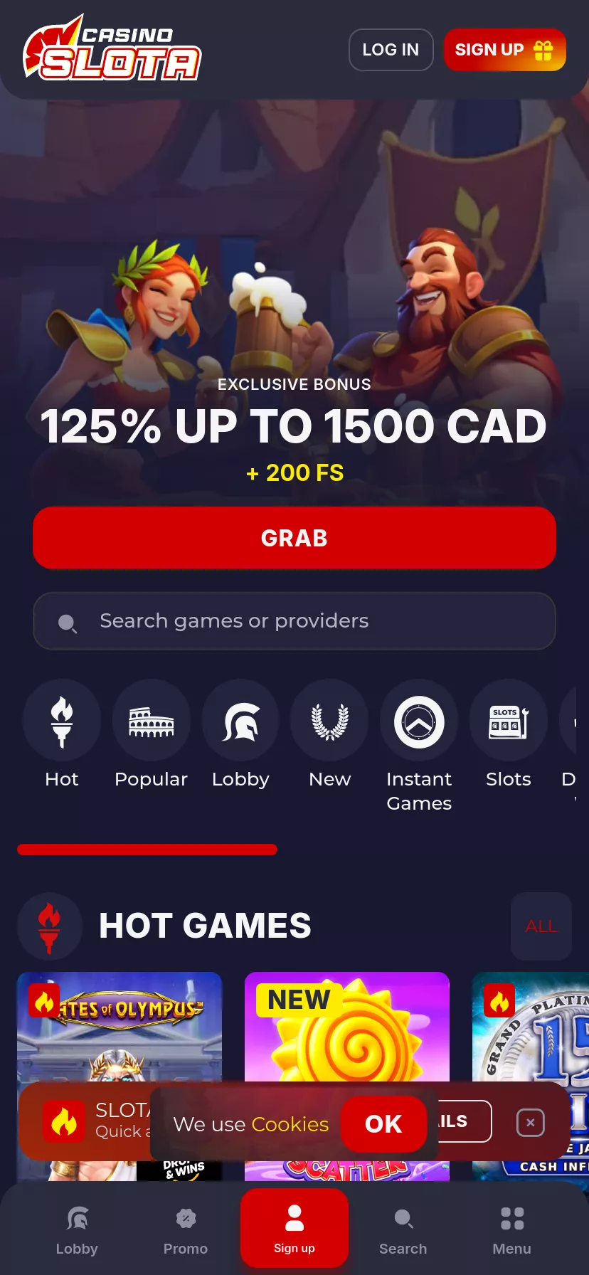 Mobile screen. SlotaCasino Up to $1800 + 315 FS