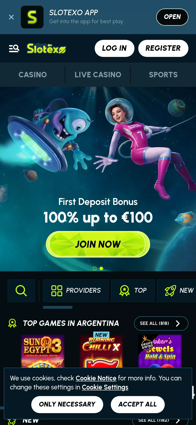 Mobile screen. Slotexo Casino 100% up to $500 + 200 FS + 1 Bonus Crab