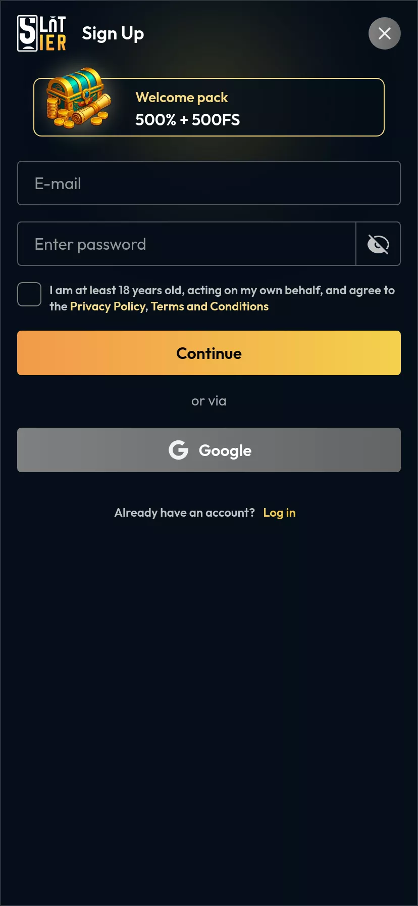 Mobile screen. Slotier Casino Up to C$4000 + 500 FS