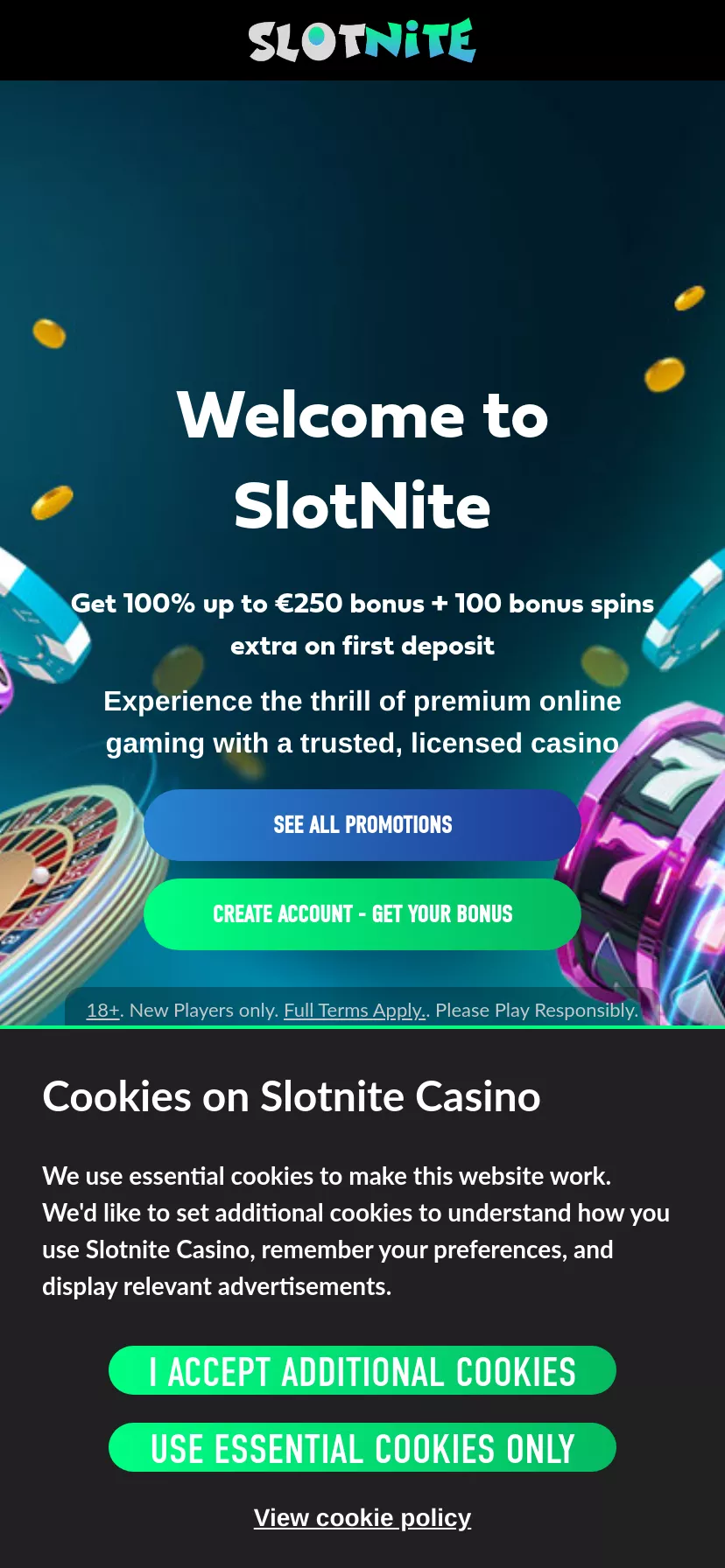 Mobile screen. Slotnite Up to €1250 + 200 FS