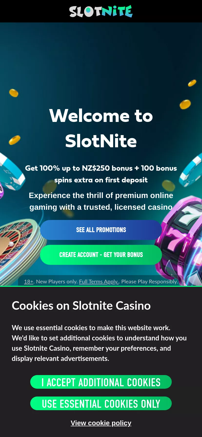 Mobile screen. Slotnite Up to NZ$1000 + 200 FS