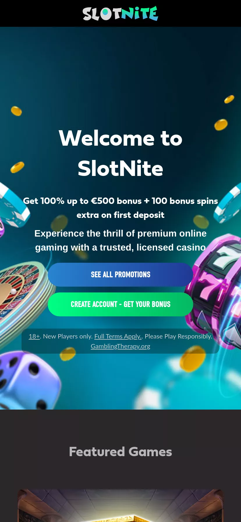 Mobile screen. Slotnite Up to $1000 + 200 FS