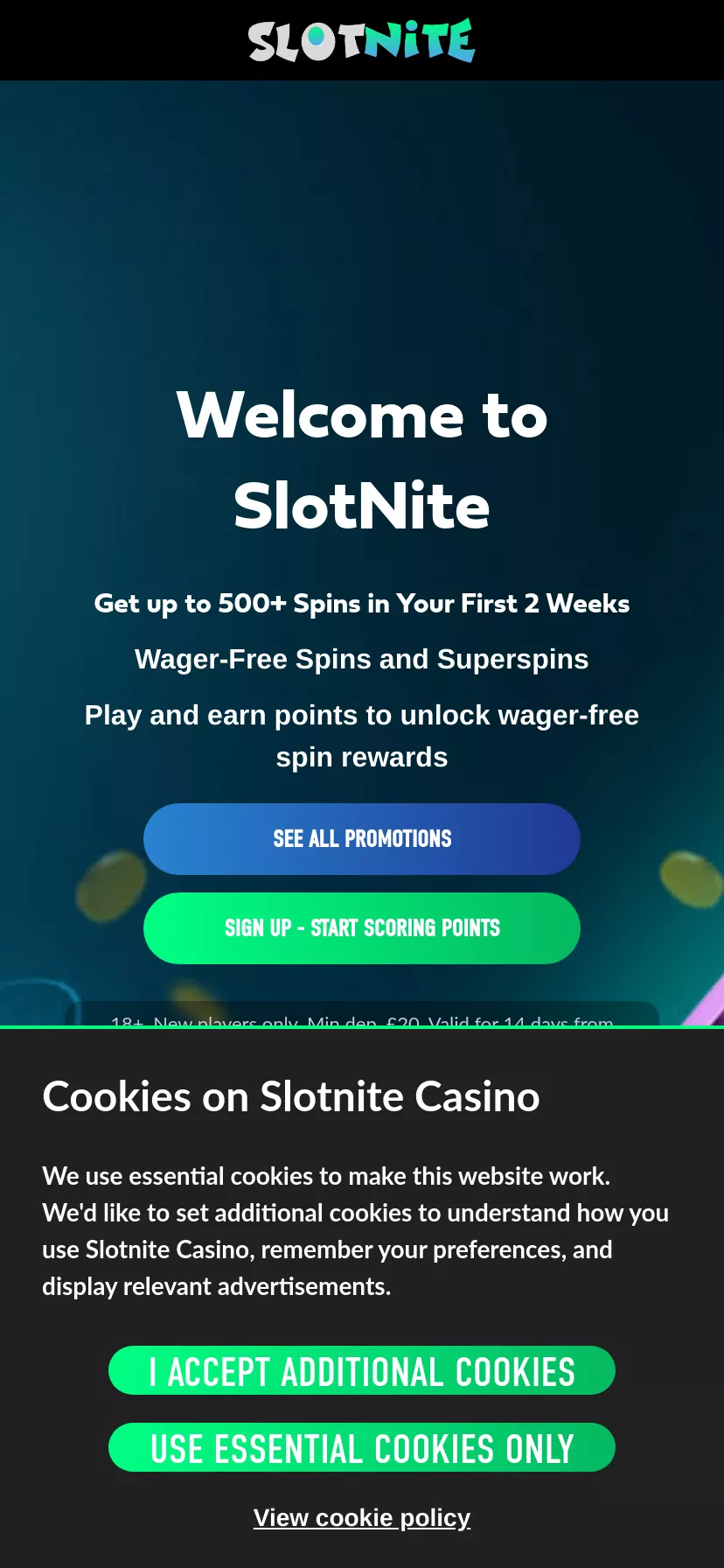 Mobile screen. Slotnite Get up to 500 FS