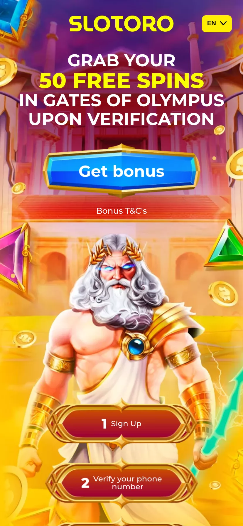 Mobile screen. Slotoro Up to L10000 + 250 FS