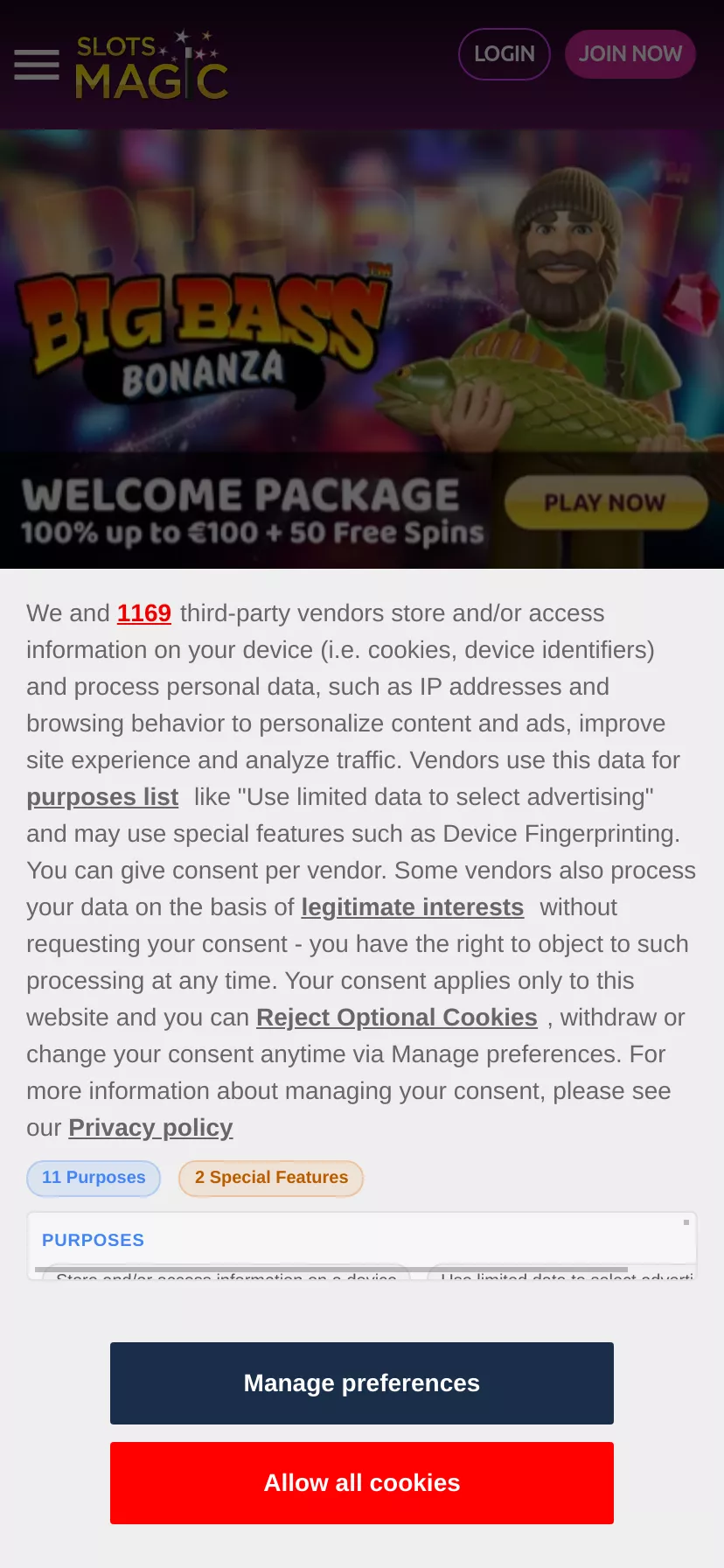 Mobile screen. Slots Magic 100% up to €100 + 50 FS