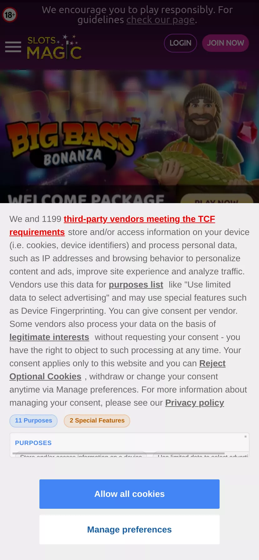 Mobile screen. Slots Magic 100% up to €100 + 50FS