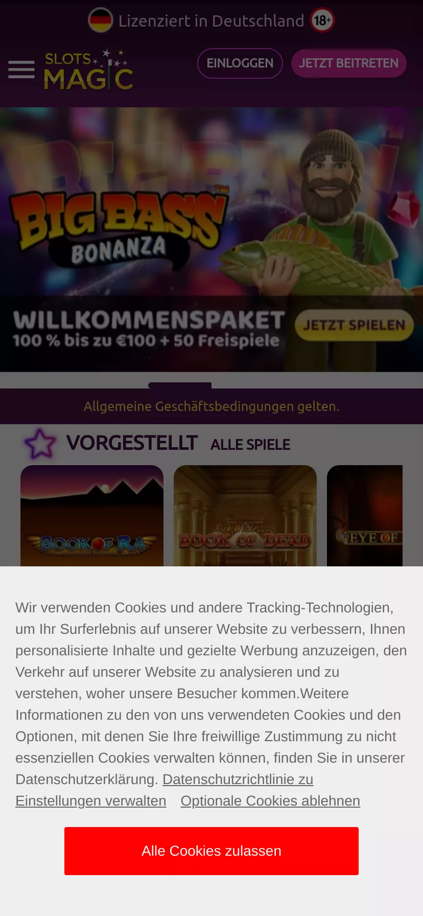 Mobile screen. Slots Magic 100% up to €100 + 50 FS