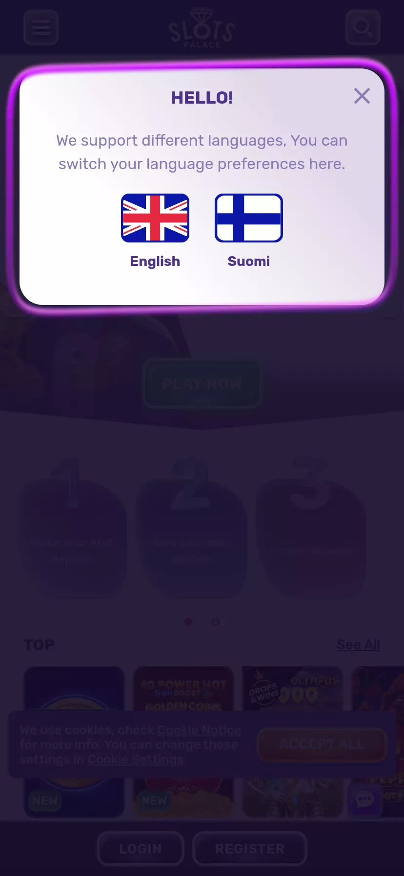 Mobile screen. Slots Palace Up to €1000