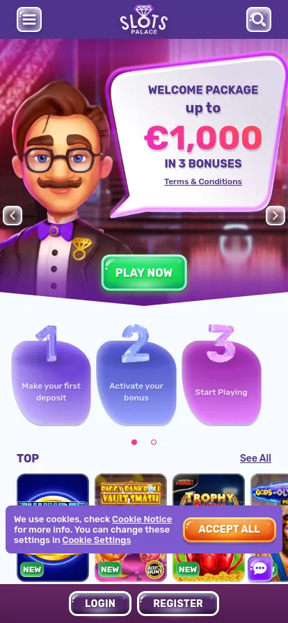 Mobile screen. Slots Palace Up to €1000