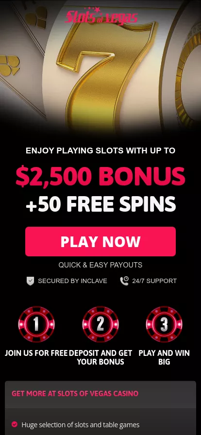 Mobile screen. Slots of Vegas 250% up to $2500 + 50 FS