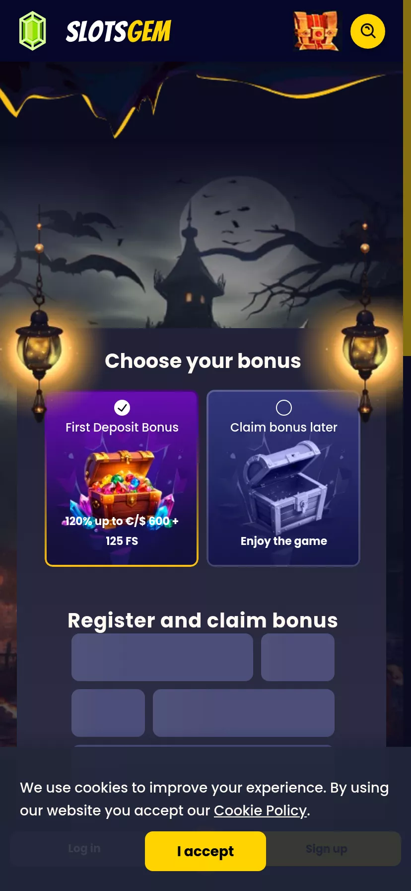 Mobile screen. Slotsgem Casino Up to $1450 + 225 FS