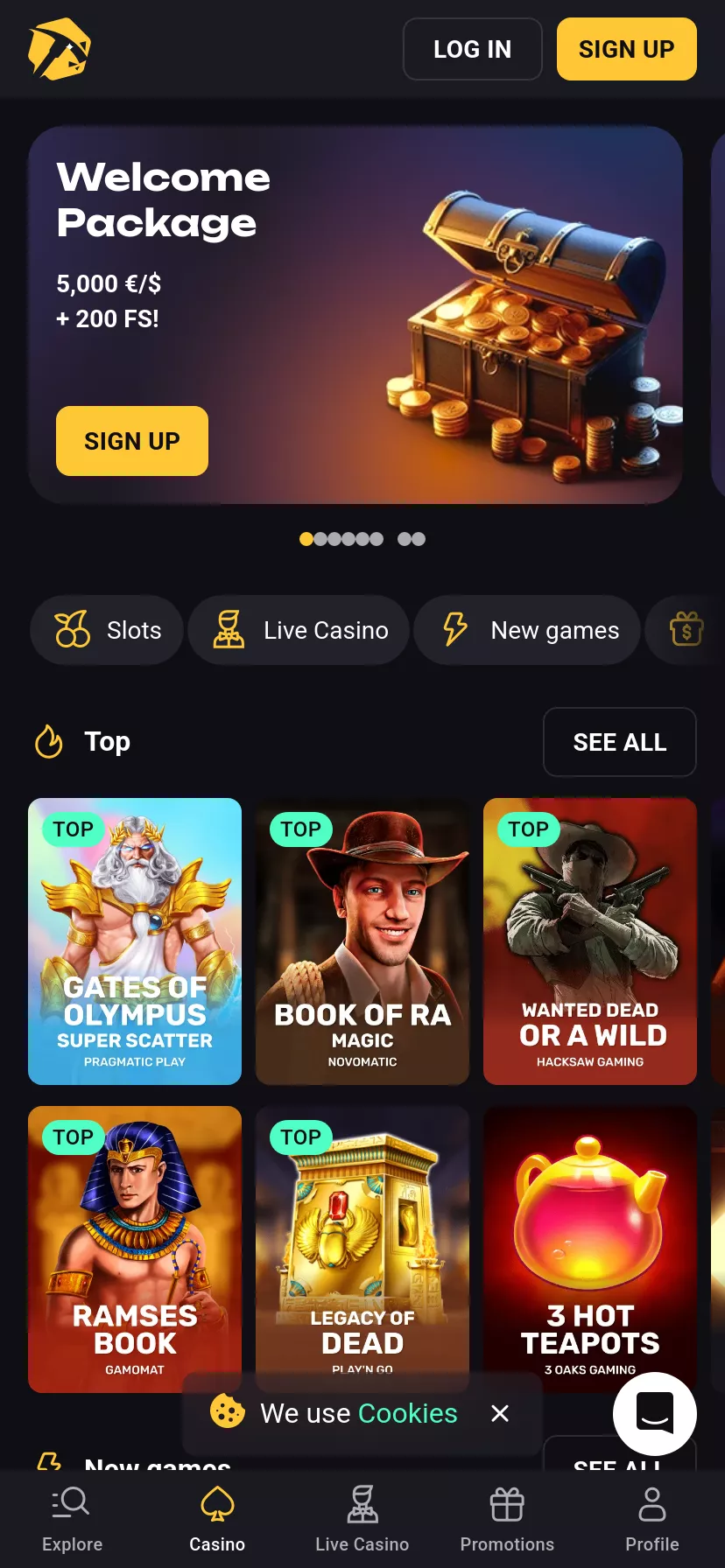 Mobile screen. Slotsmines Casino Up to $5000 + 200 FS