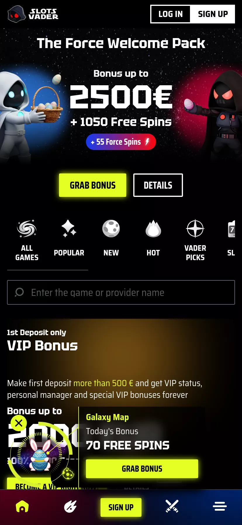 Mobile screen. Slotsvader 15% cashback up to $300