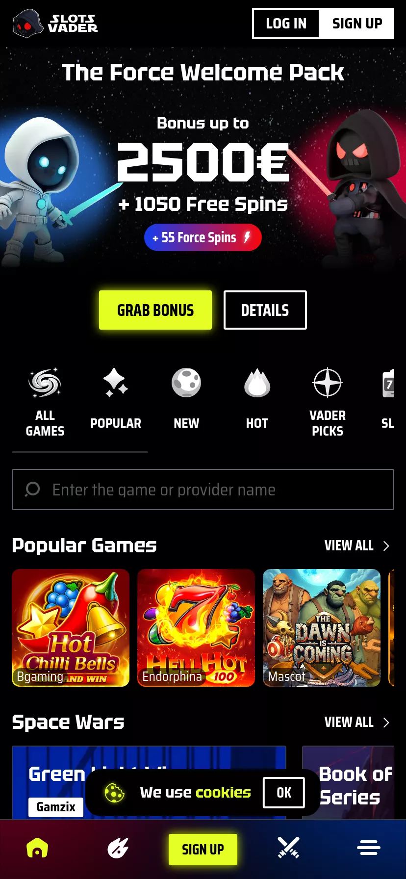 Mobile screen. Slotsvader 100% up to $2000 + 150 FS