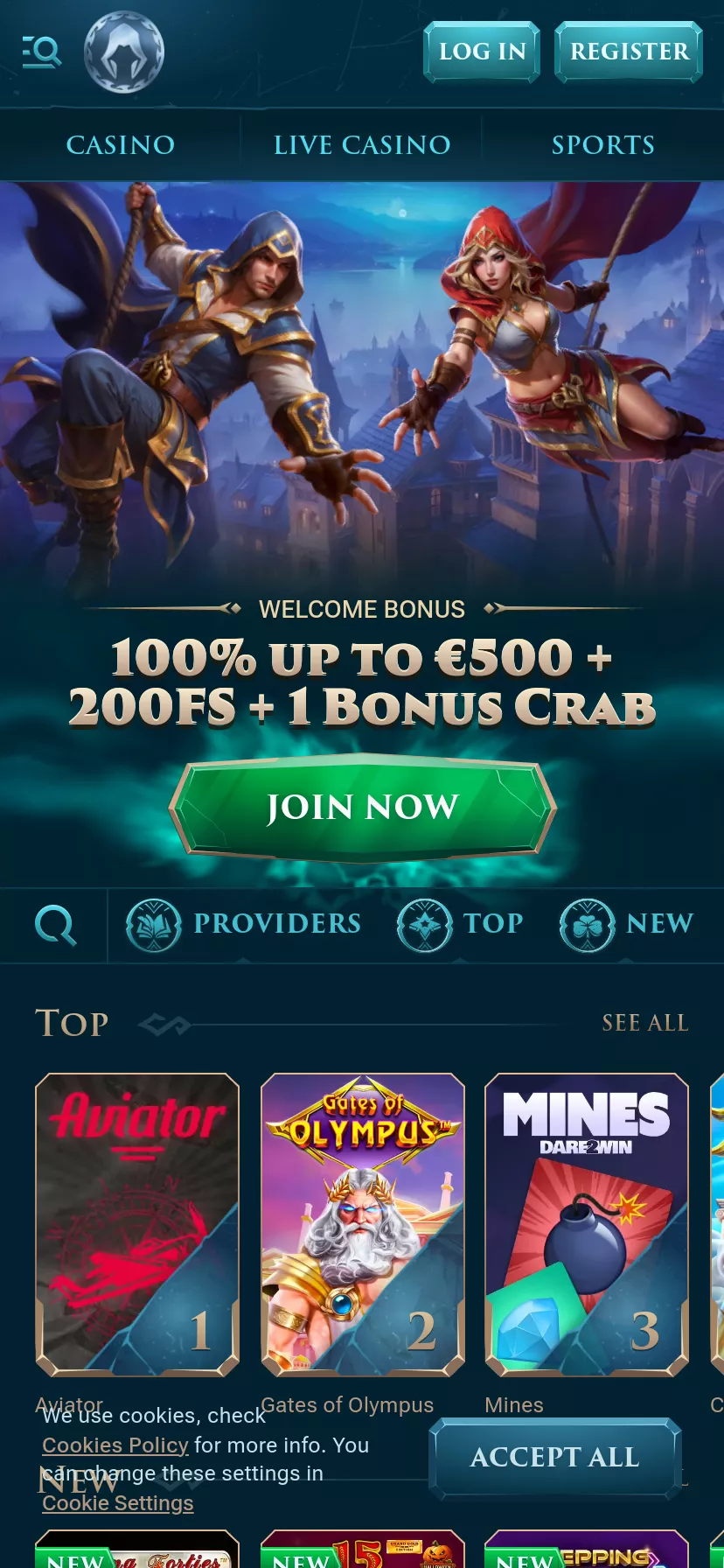 Mobile screen. Slotuna 100% até $500 + 200 FS + 1 Bonus Crab
