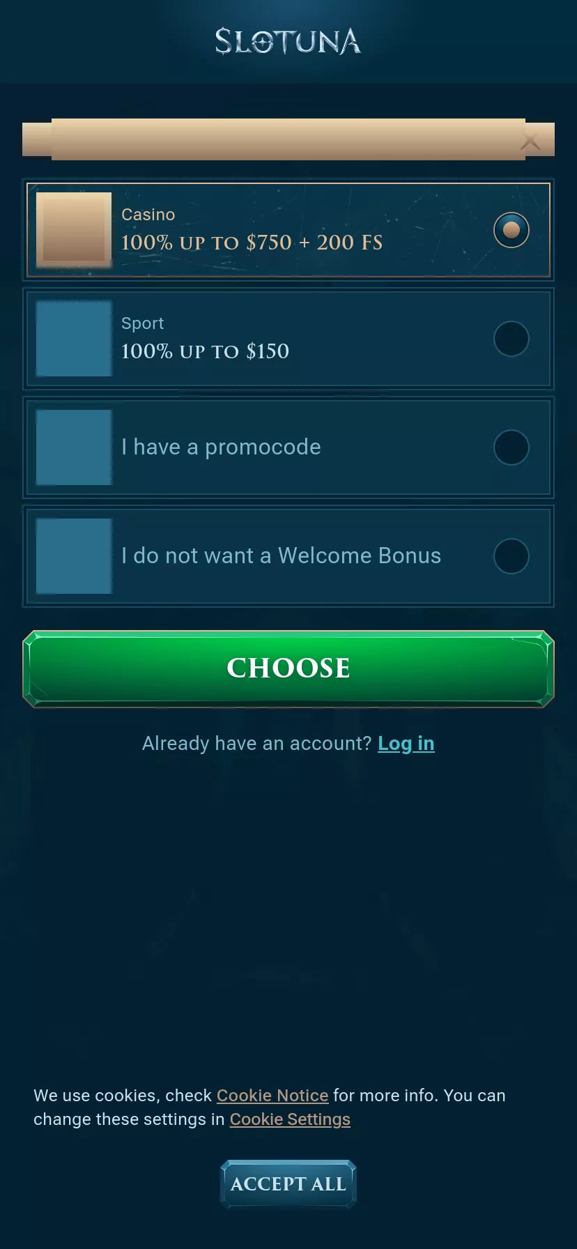 Mobile screen. Slotuna 100% up to C$750 + 200 FS + 1 Bonus Crab