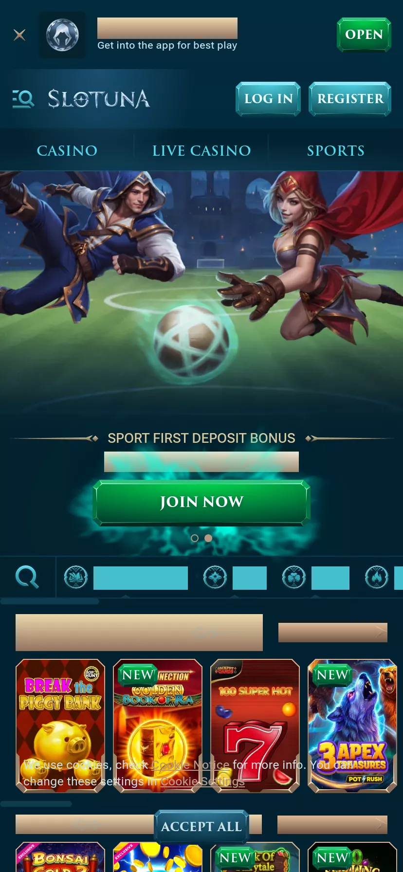 Mobile screen. Slotuna 100% up to $500 + 200 FS + 1 Bonus Crab