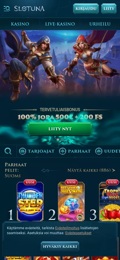 Mobile screen. Slotuna 100% up to €500 + 200 FS + 1 Bonus Crab