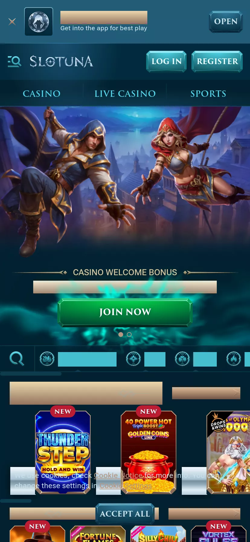 Mobile screen. Slotuna 100% up to €500 + 200 FS + 1 Bonus Crab