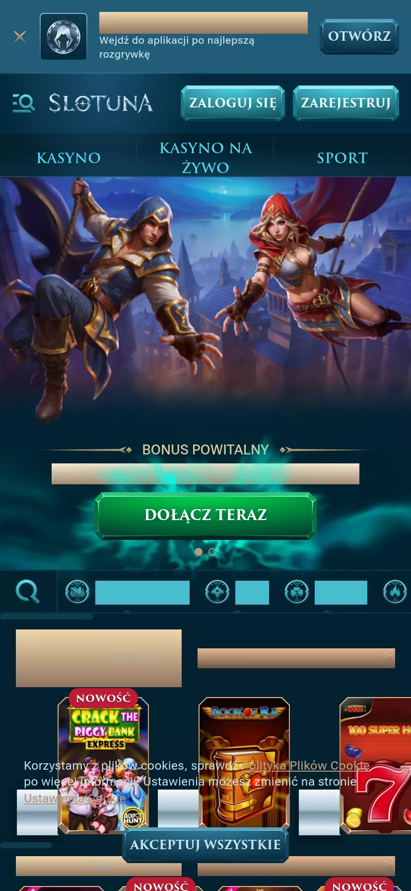 Mobile screen. Slotuna 100% up to zł2250 + 200 FS + 1 Bonus Crab