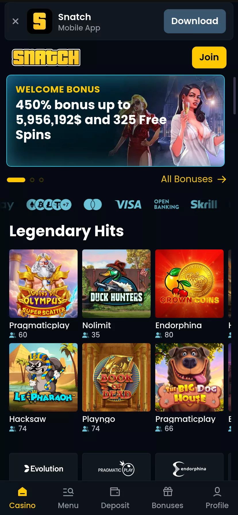 Mobile screen. Snatch Casino Up to $60000 + 400 FS