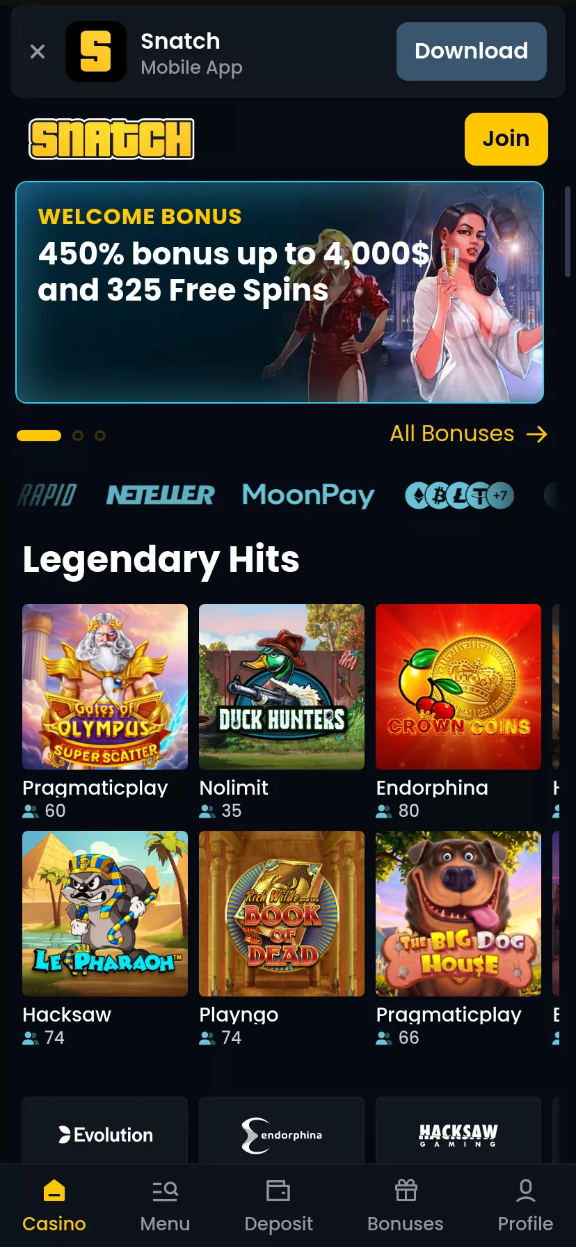 Mobile screen. Snatch Casino Up to $4000 + 325 FS