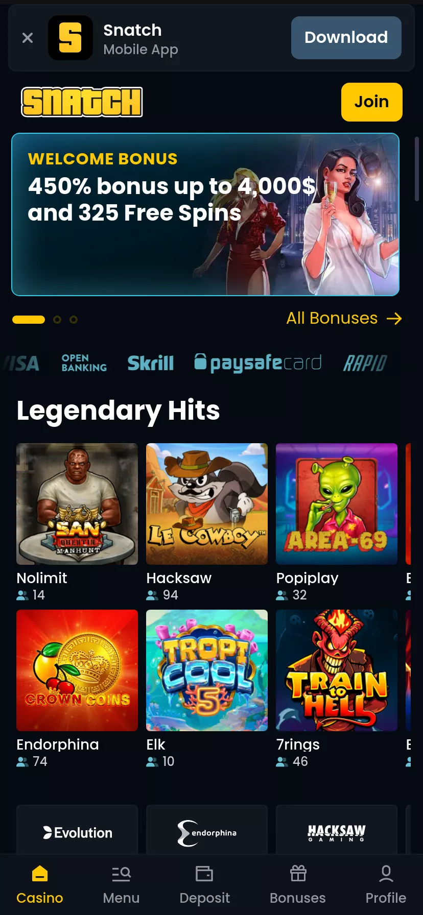 Mobile screen. Snatch Casino Up to $4000 + 325 FS