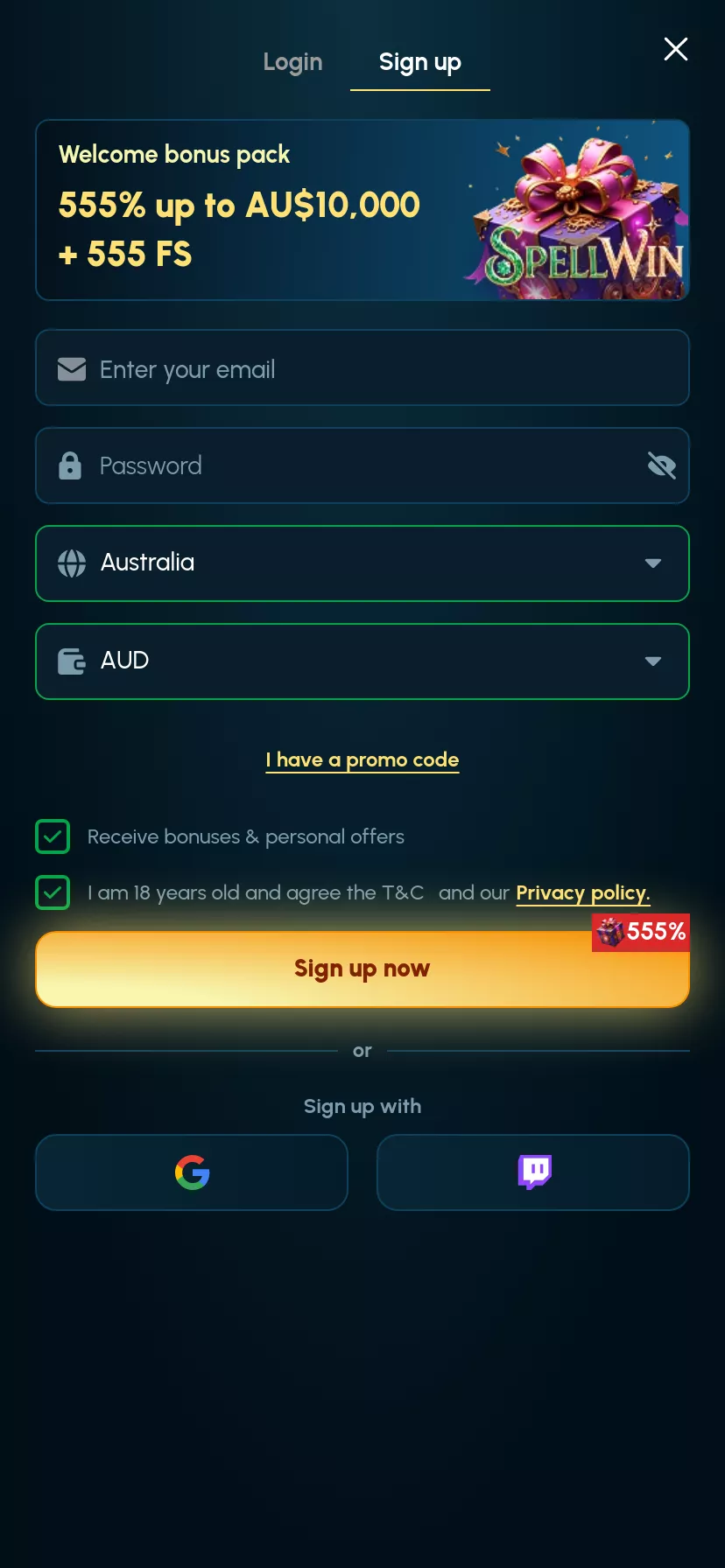 Mobile screen. SpellWin Casino Up to $3000 + 300 FS