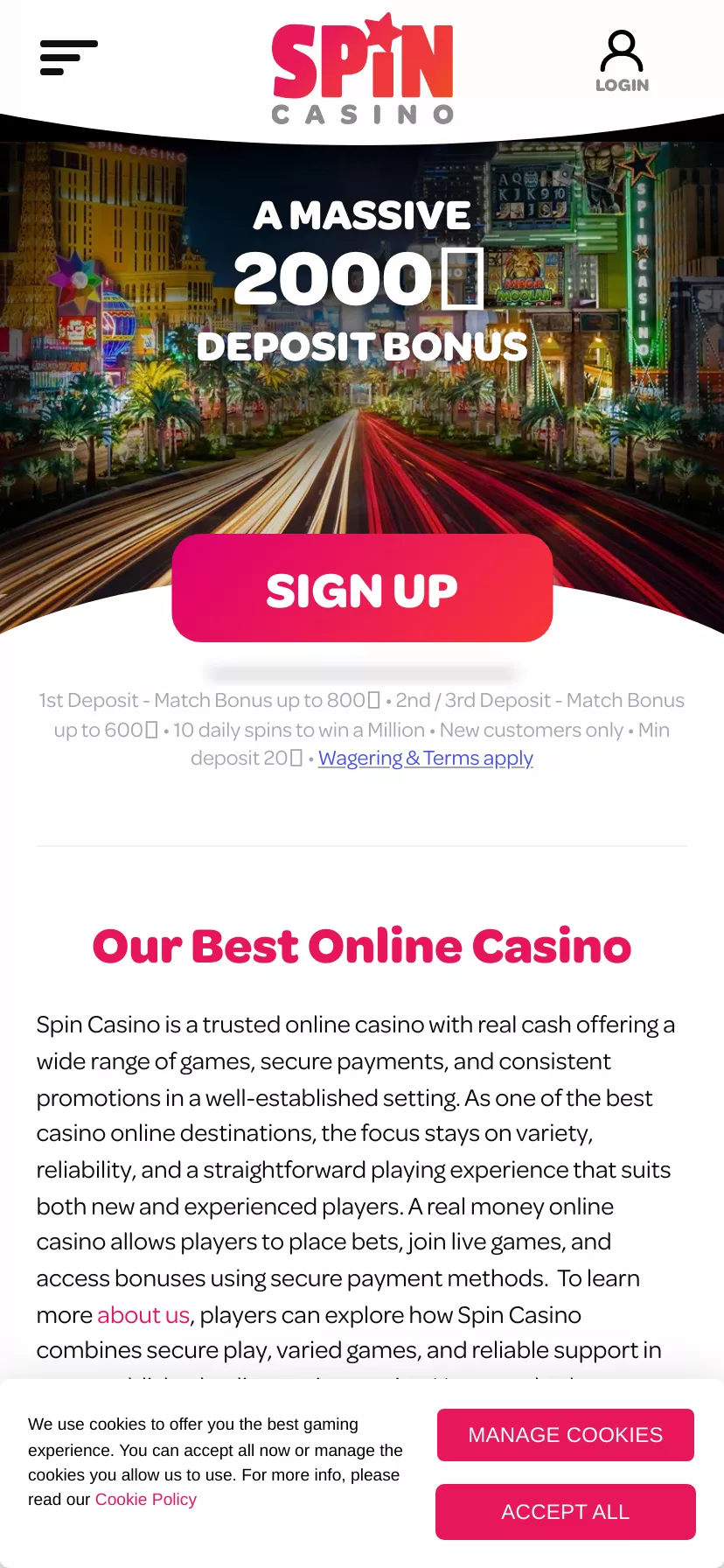 Mobile screen. Spin Casino Up to $1000