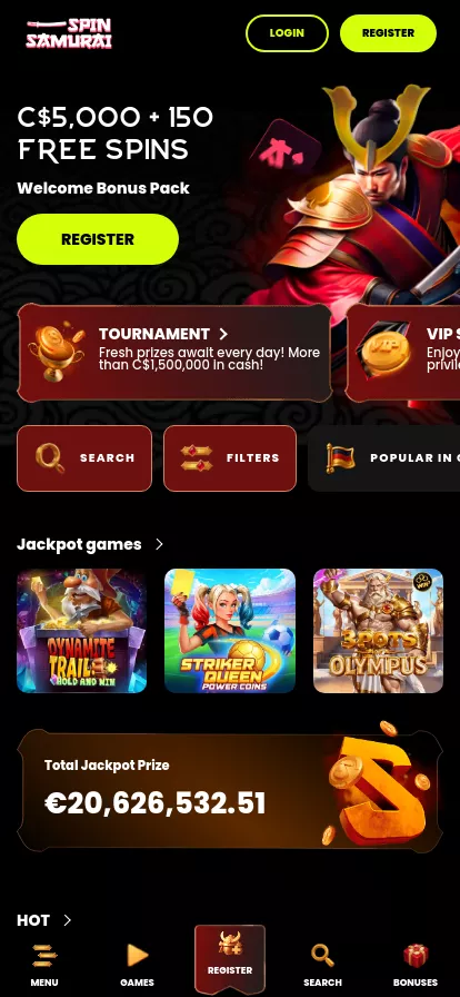 Mobile screen. Spin Samurai Up to C$5000 + 150 FS