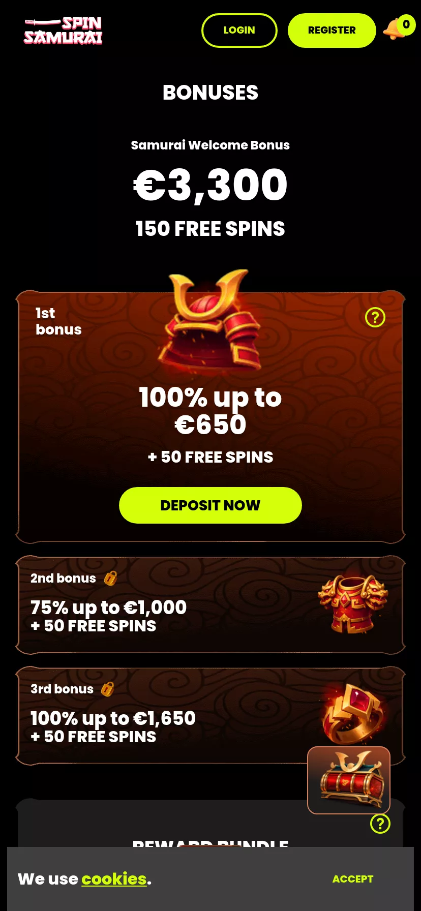 Mobile screen. Spin Samurai Up to €3300 + 150 FS
