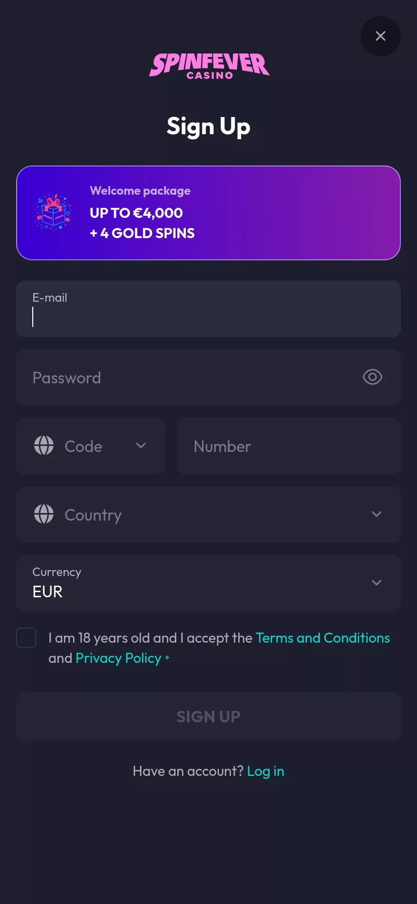 Mobile screen. SpinFever Casino Up to $2000 + 200 FS