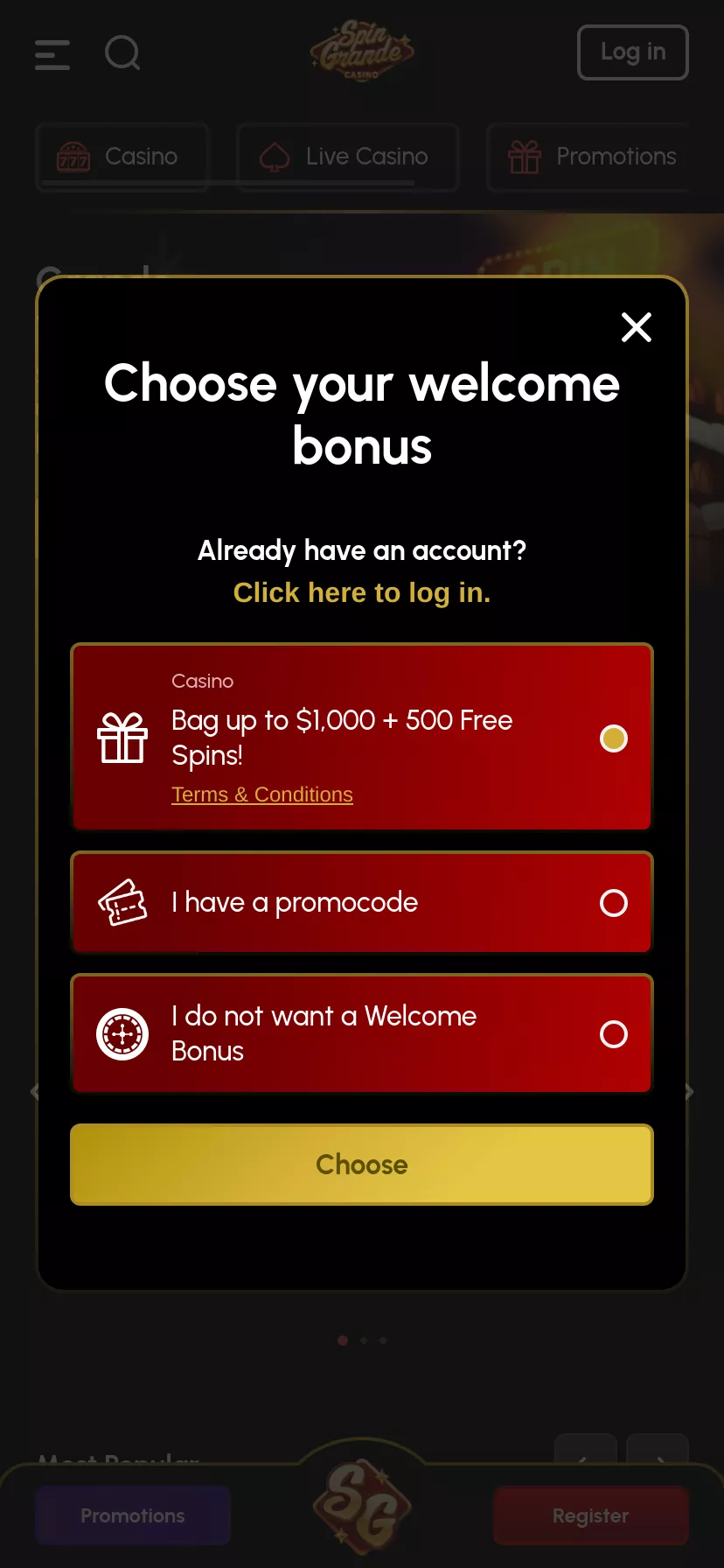 Mobile screen. SpinGrande Up to C$1000 + 500 FS