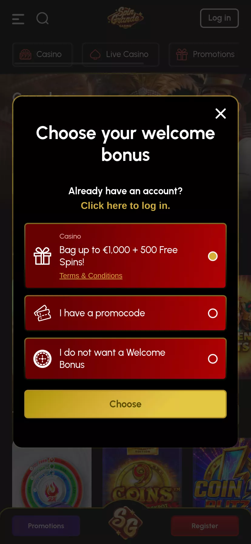 Mobile screen. SpinGrande Up to $1000 + 500 FS