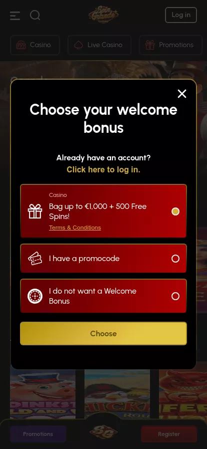 Mobile screen. SpinGrande Up to €1000 + 500 FS