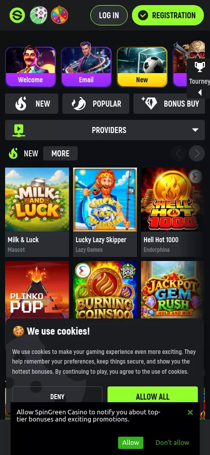 Mobile screen. SpinGreen Casino Up to $800 + 50 FS