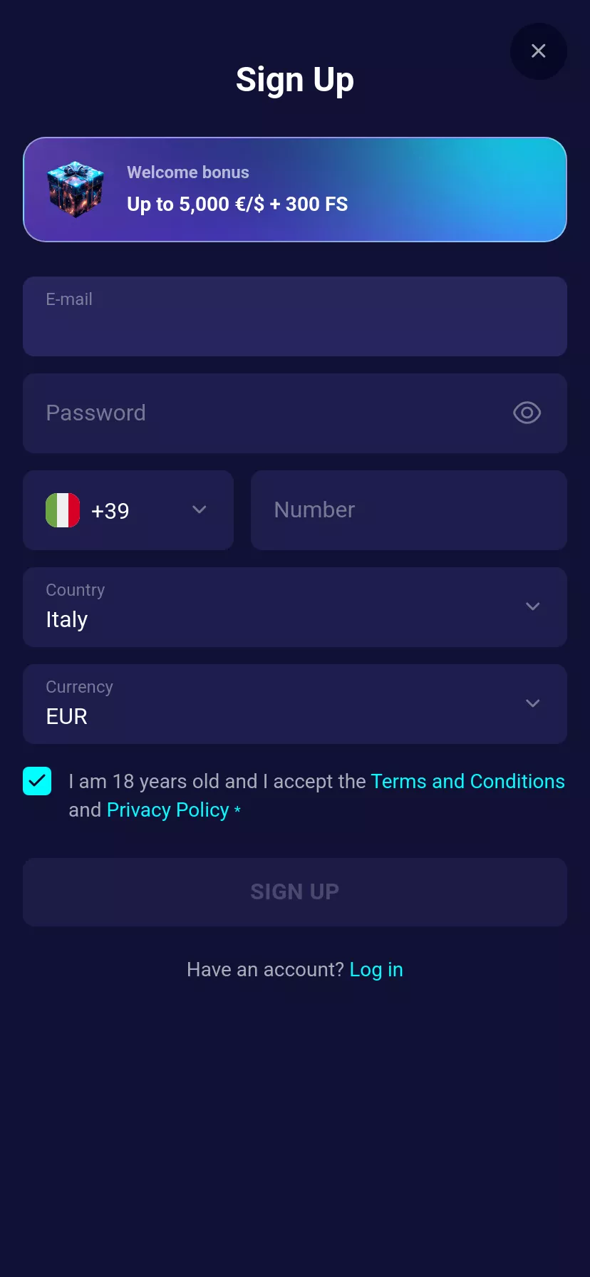 Mobile screen. SpinJo Casino Fino a €5000 + 300 FS