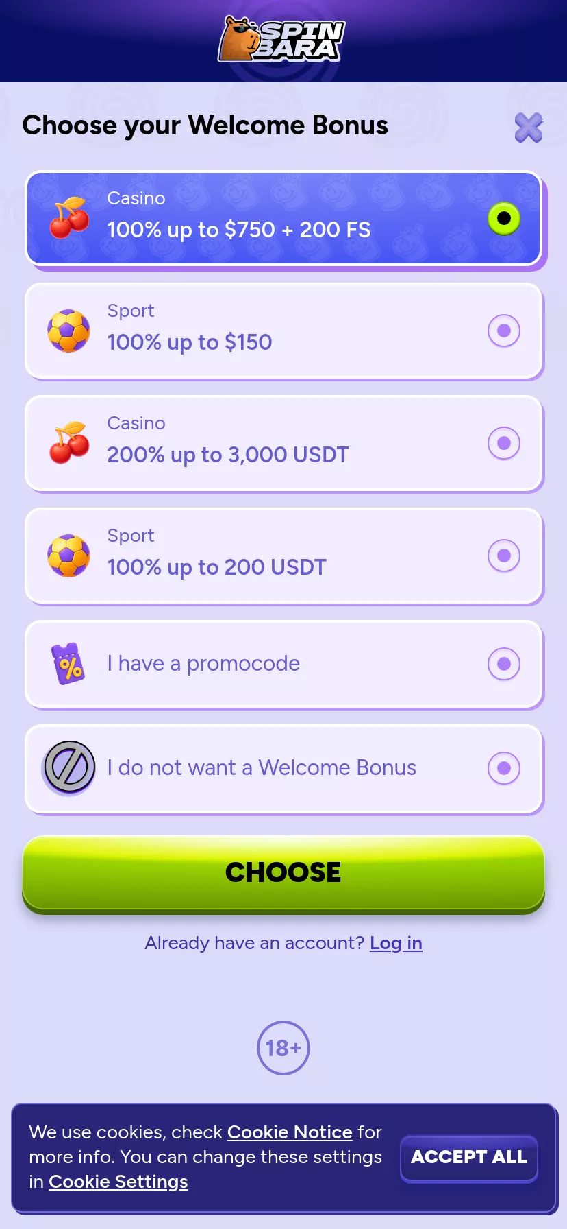 Mobile screen. Spinbara 100% up to C$750 + 200 FS + 1 Bonus Crab