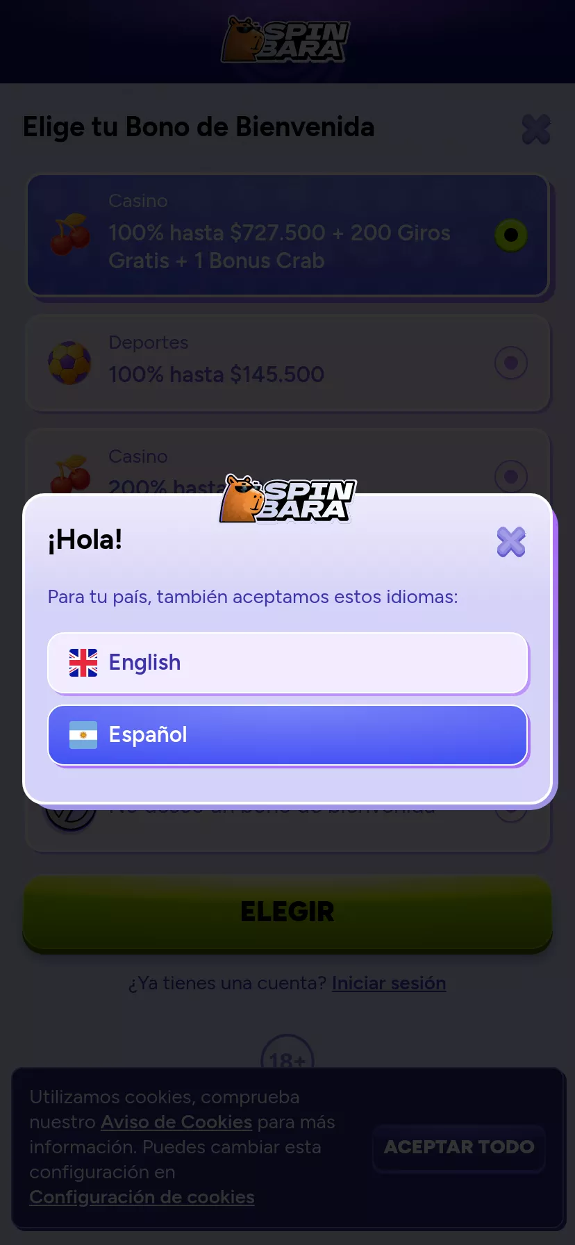 Mobile screen. Spinbara 100% up to $500 + 200 FS + 1 Bonus Crab