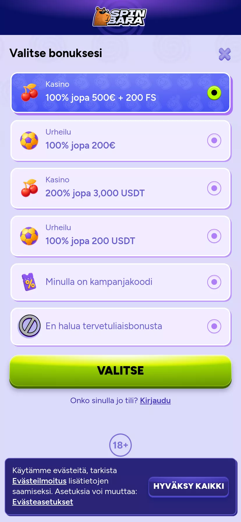 Mobile screen. Spinbara 100% up to €500 + 200 FS + 1 Bonus Crab